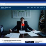 Person looks surprised at screen with White House website livestream, documents and laptops scattered, blue glow