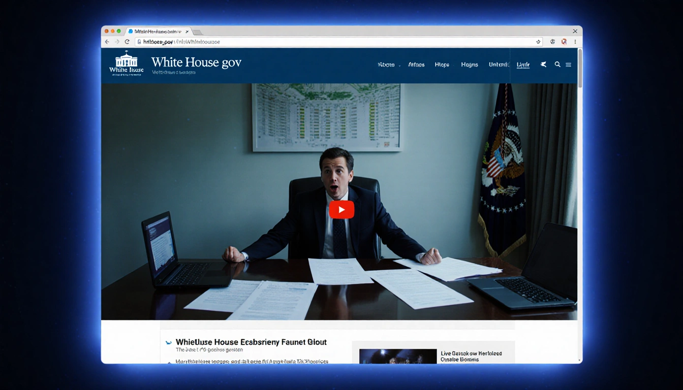Person looks surprised at screen with White House website livestream, documents and laptops scattered, blue glow