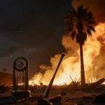 Wildfire engulfs a lone palm tree at night with embers illuminating a shattered baseball bat beside burnt World Series trophy
