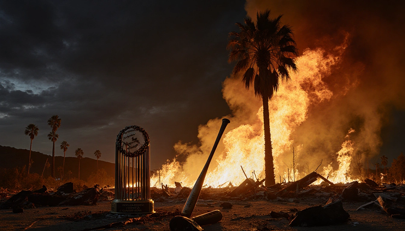 Wildfire engulfs a lone palm tree at night with embers illuminating a shattered baseball bat beside burnt World Series trophy