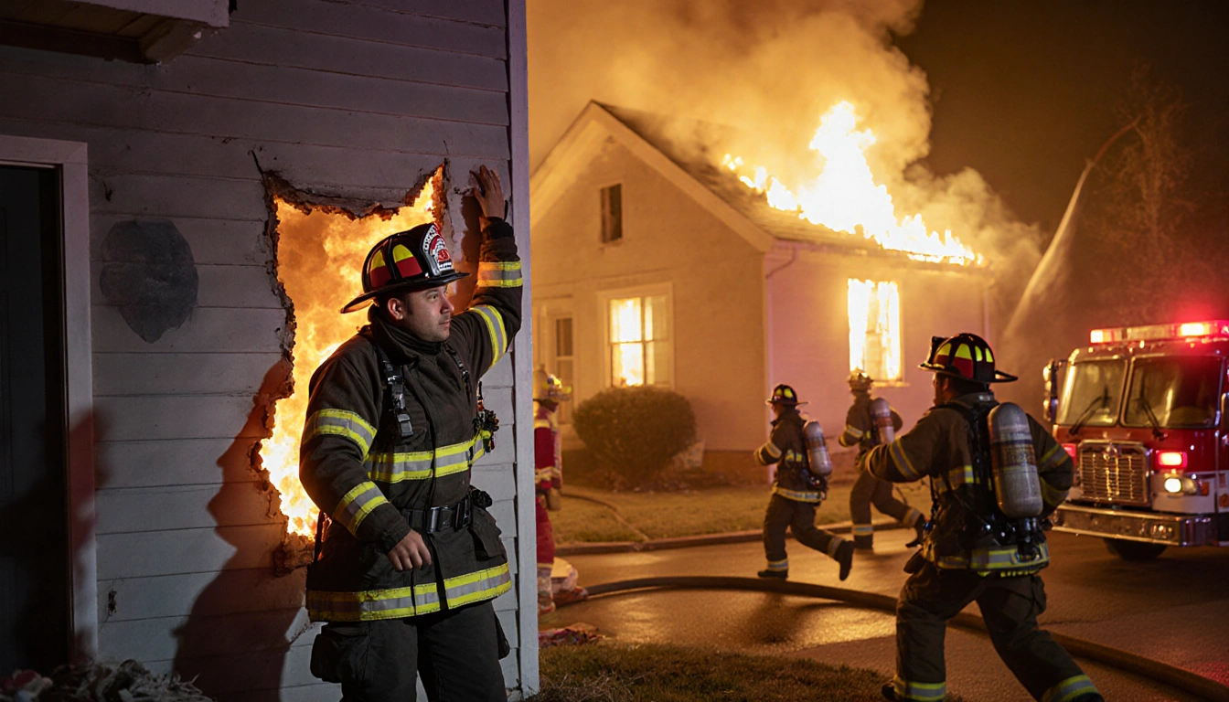Firefighter breaking down wall with flames visible and responders rushing nearby