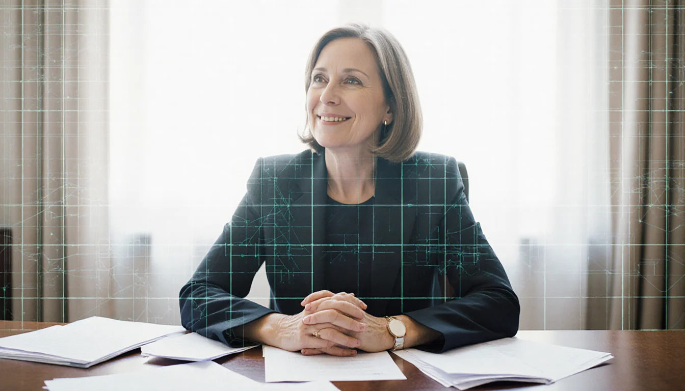 Wiles sits at wooden desk with thoughtful clasped hands while papers scatter around her and leadership grid shows accountabil