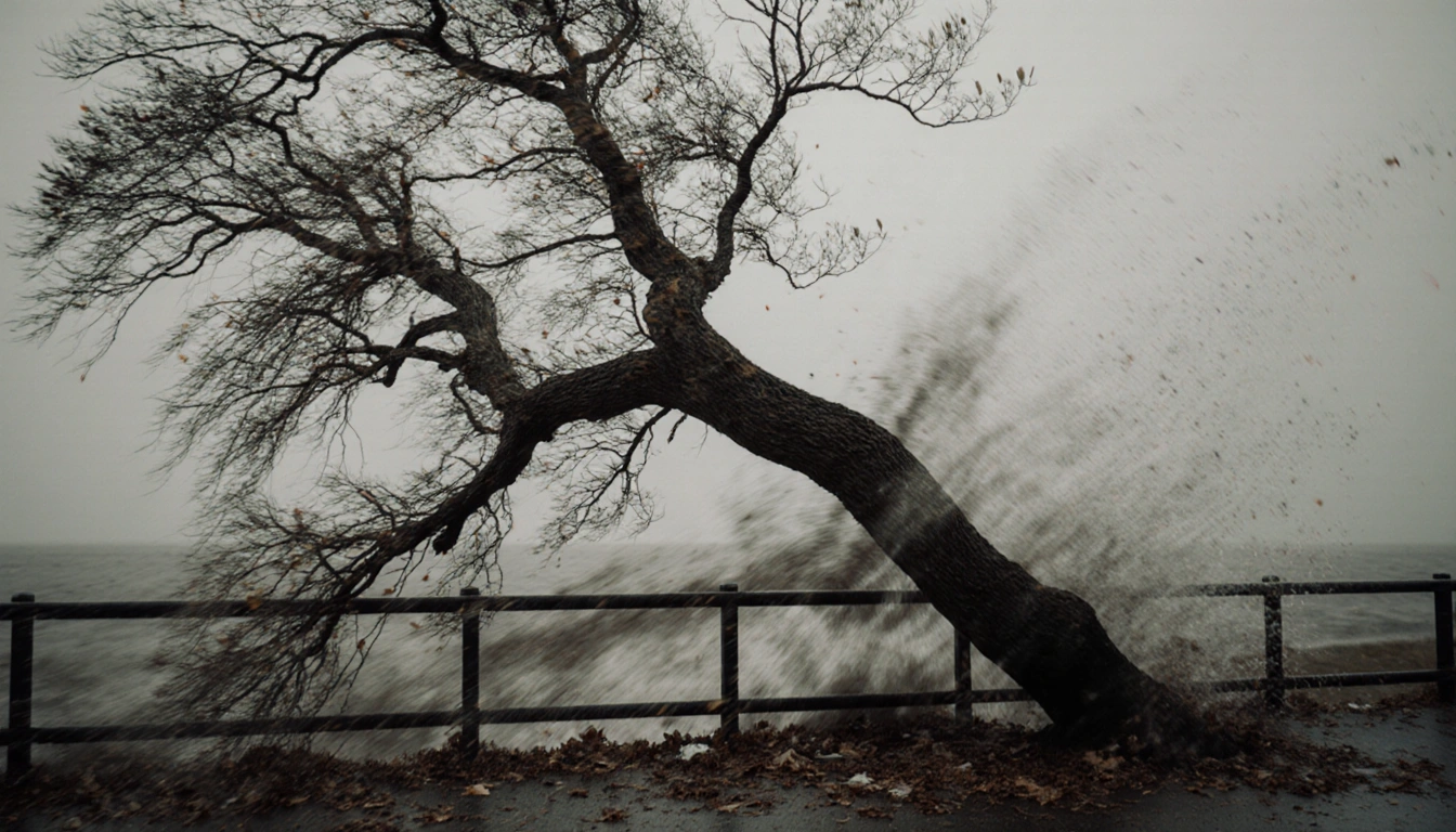 Branch bending away from trunk with wind-blown leaves and debris near fence