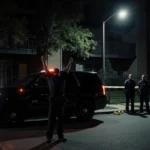 Suspect raising arms in surrender with police officers behind and a black SUV under streetlamp light