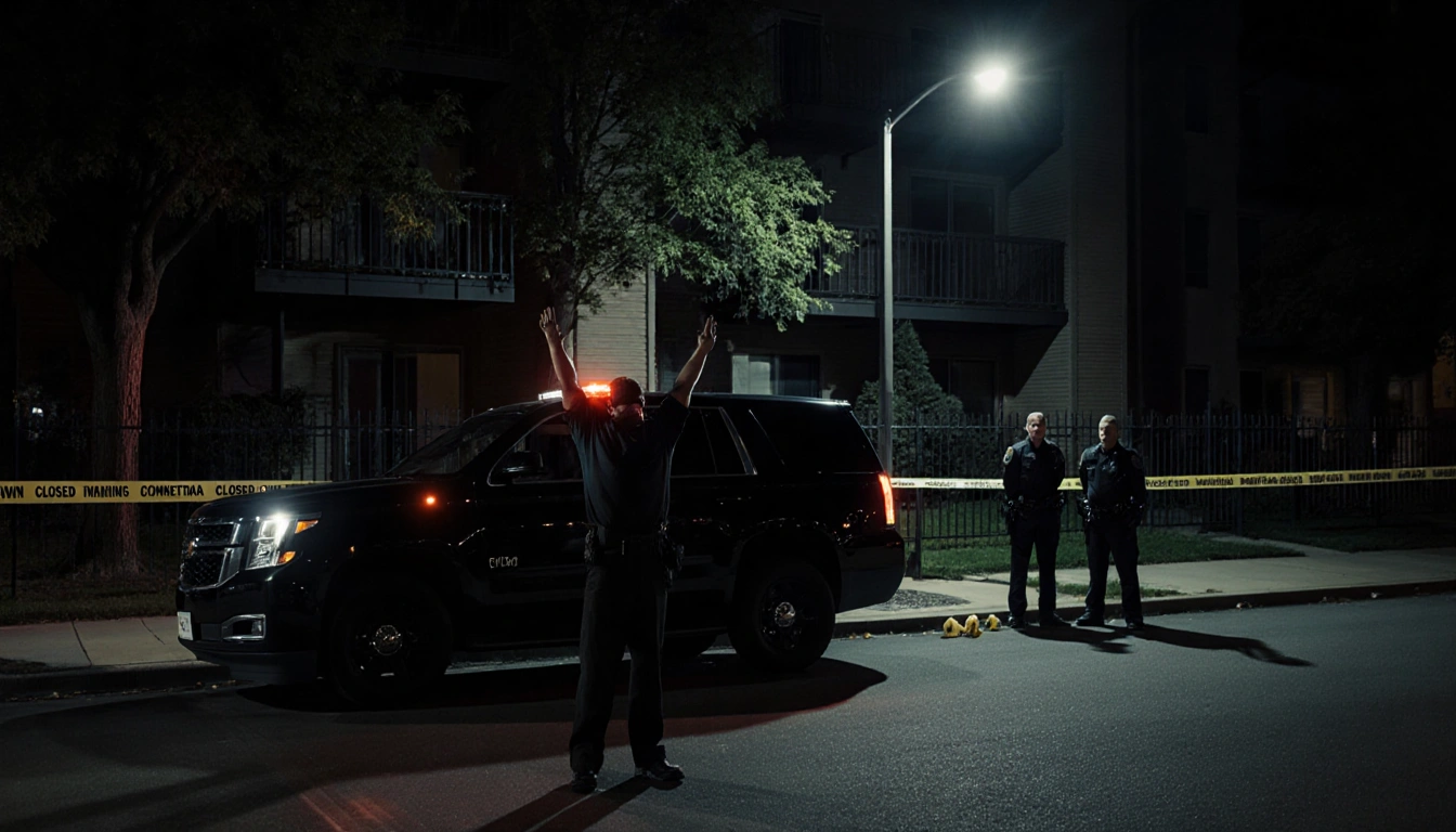 Suspect raising arms in surrender with police officers behind and a black SUV under streetlamp light