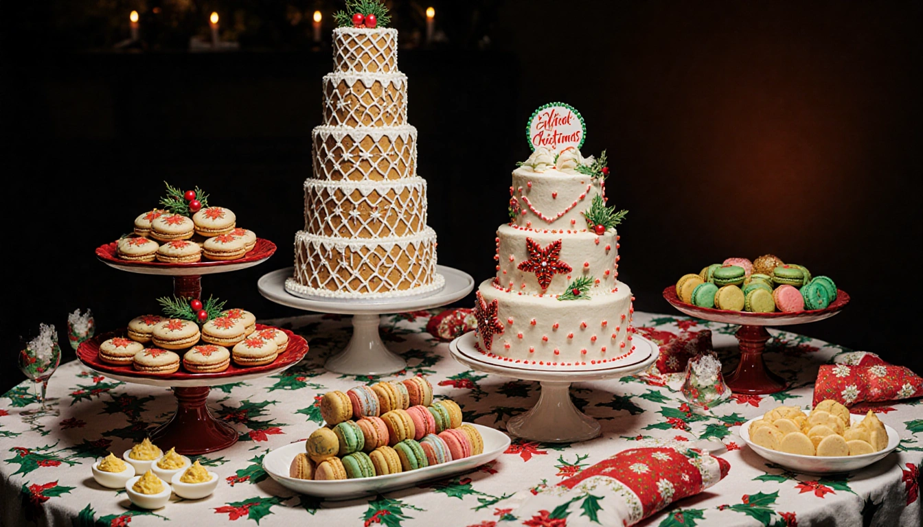 Dessert table displays holiday treats with warm lighting and holly linens.