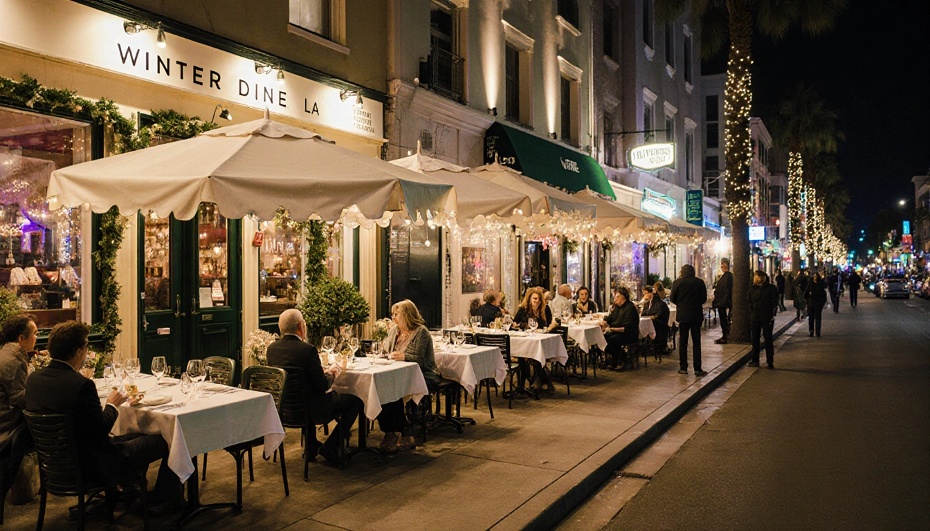 Diners enjoying winter meals at LA street tables with warm lighting and colorful winter décor