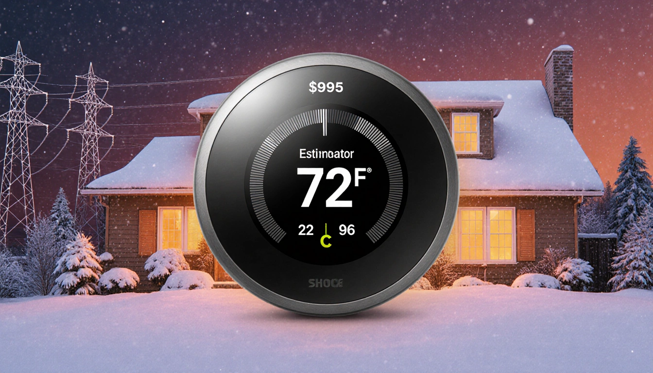 Winter home interior with thermostat showing 72°F and $995 cost with a subtle power grid background