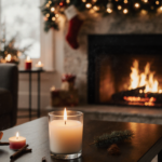 Candle flickering on coffee table with fireplace crackling and festive decorations in warm winter living room
