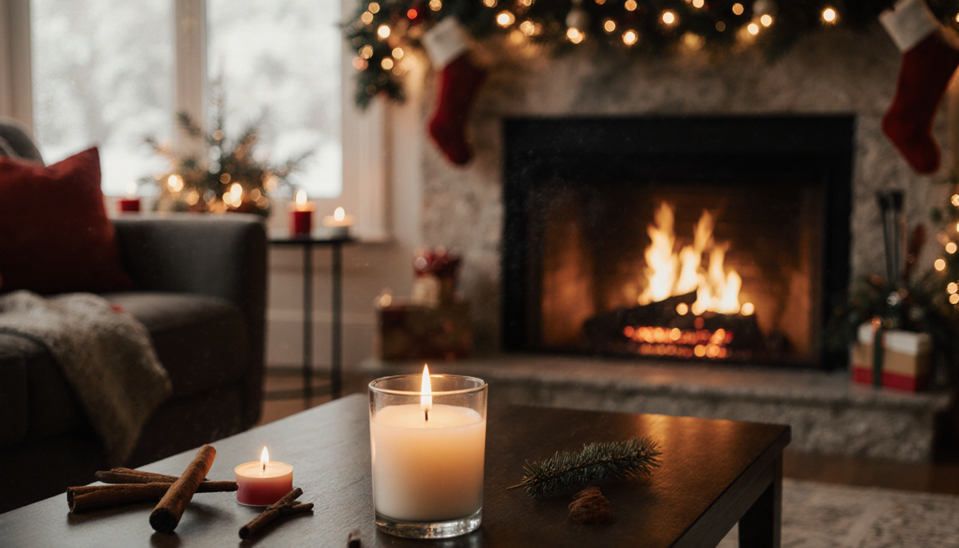 Candle flickering on coffee table with fireplace crackling and festive decorations in warm winter living room