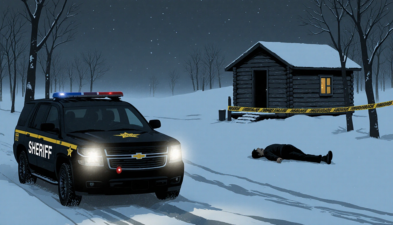 Sheriff's vehicle illuminating snow with a nearby cabin and police tape near a body.