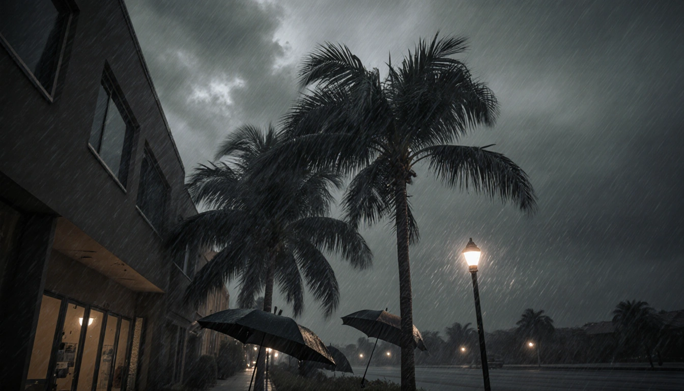 Palm trees whipping in a winter storm with rain lashing windows and umbrellas struggling upright on sidewalk.