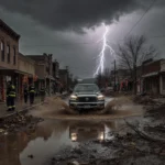 Pickup truck driving through muddy Main Street with flashing lightning overhead and debris-littered sidewalks