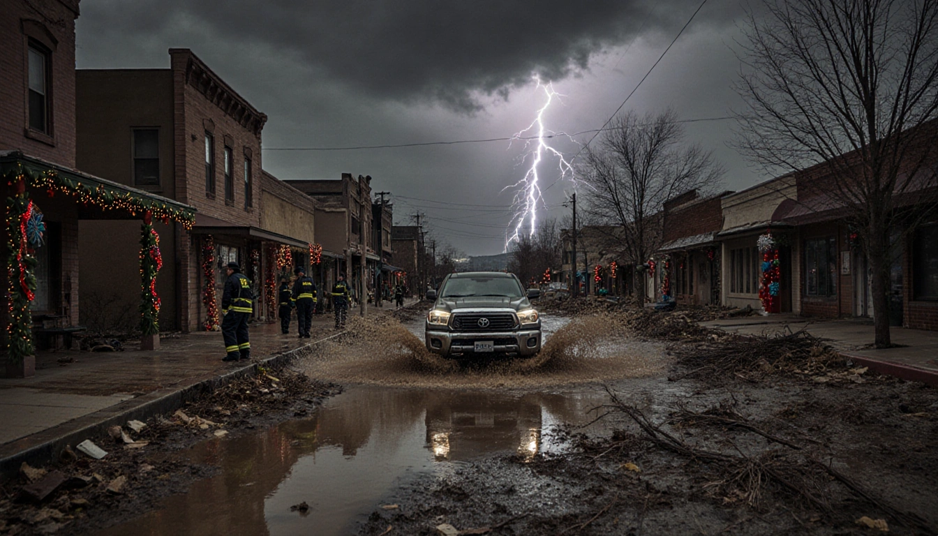 Pickup truck driving through muddy Main Street with flashing lightning overhead and debris-littered sidewalks