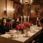 Guests sipping tea with a finely set table of china crystal glasses and festive holiday decorations in a warm glow.