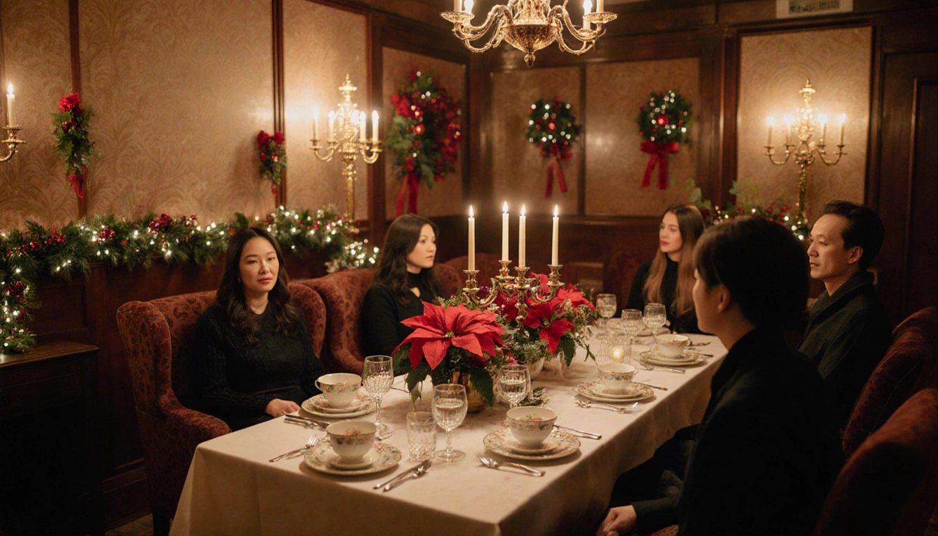 Guests sipping tea with a finely set table of china crystal glasses and festive holiday decorations in a warm glow.