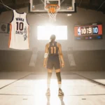 WNBA player standing on court with countdown timer 10 days on window and signed jersey hanging from hoop rim