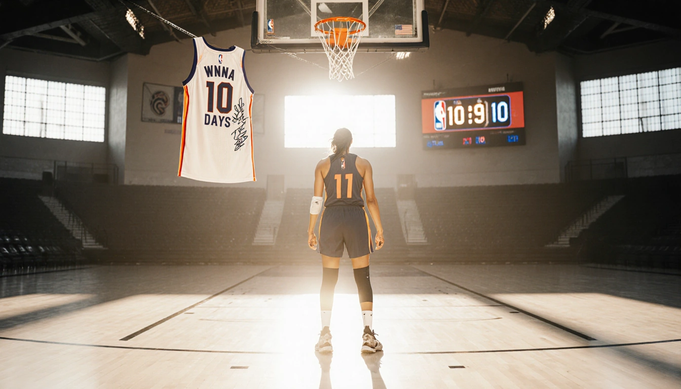 WNBA player standing on court with countdown timer 10 days on window and signed jersey hanging from hoop rim