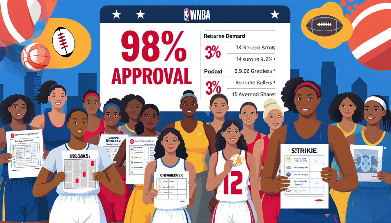 WNBA players stand united with bargaining charts and strike ballots and banner displaying 98% approval solidarity.