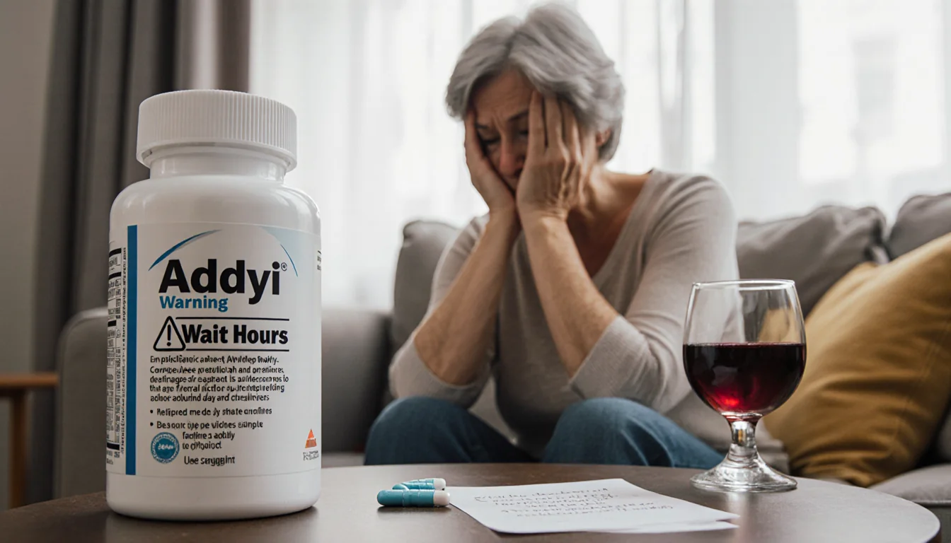 Middle-aged woman sitting on couch with head in hand Addyi bottle beside her and wine glass on table warning note