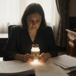 Woman sits at table with medical records holding glowing baby powder container looking in courtroom.