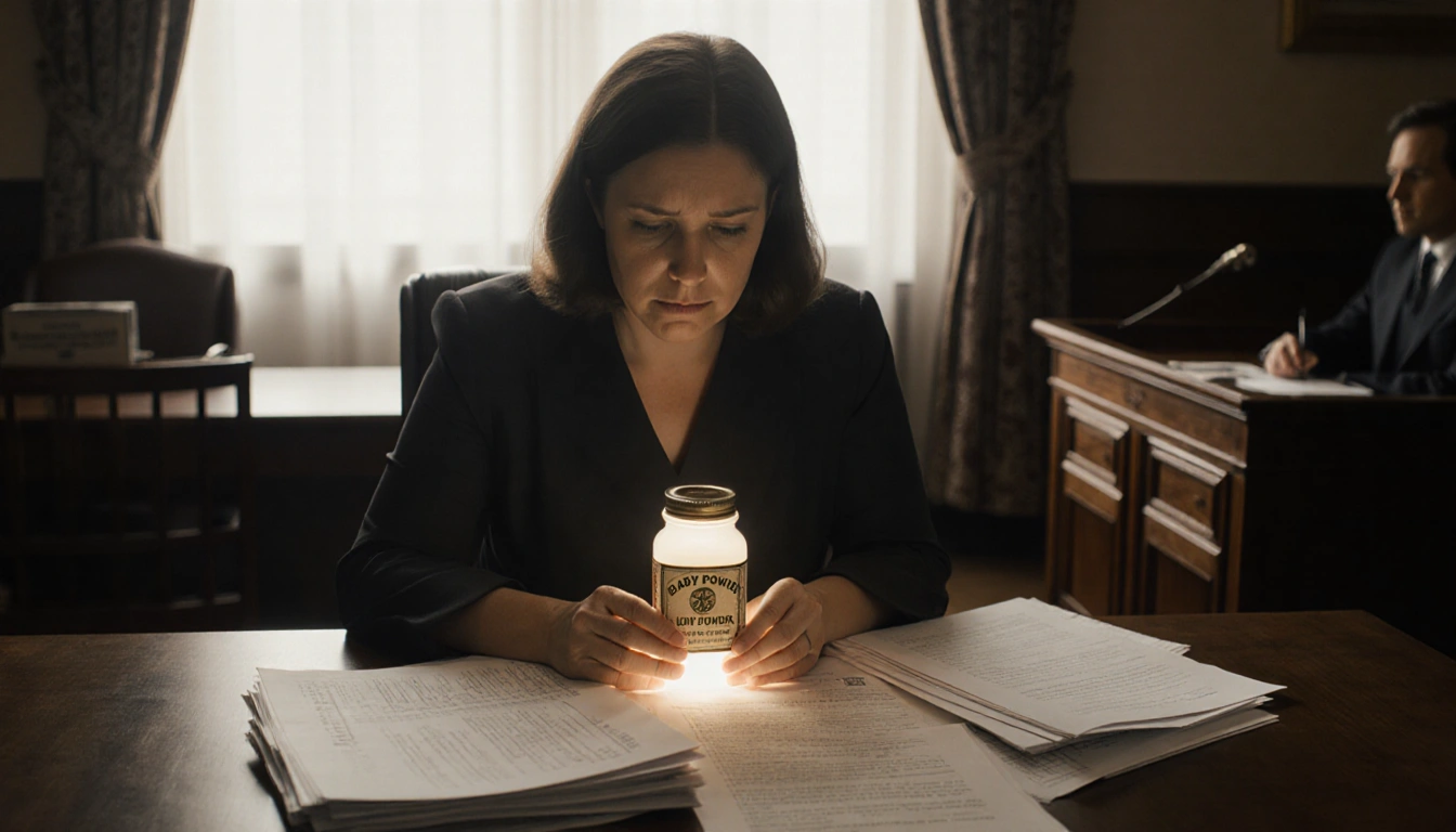 Woman sits at table with medical records holding glowing baby powder container looking in courtroom.