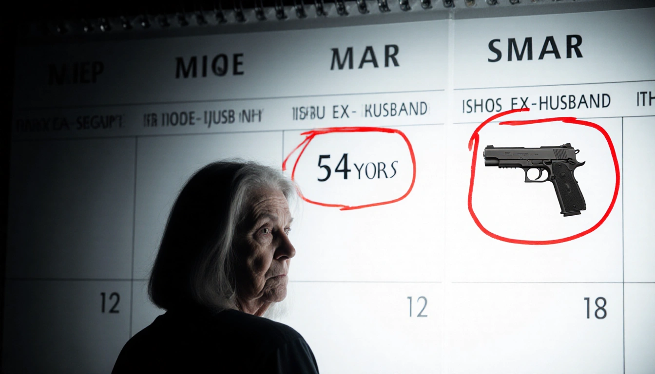 Woman standing before calendar with two red circled dates and a faint gun in the corner