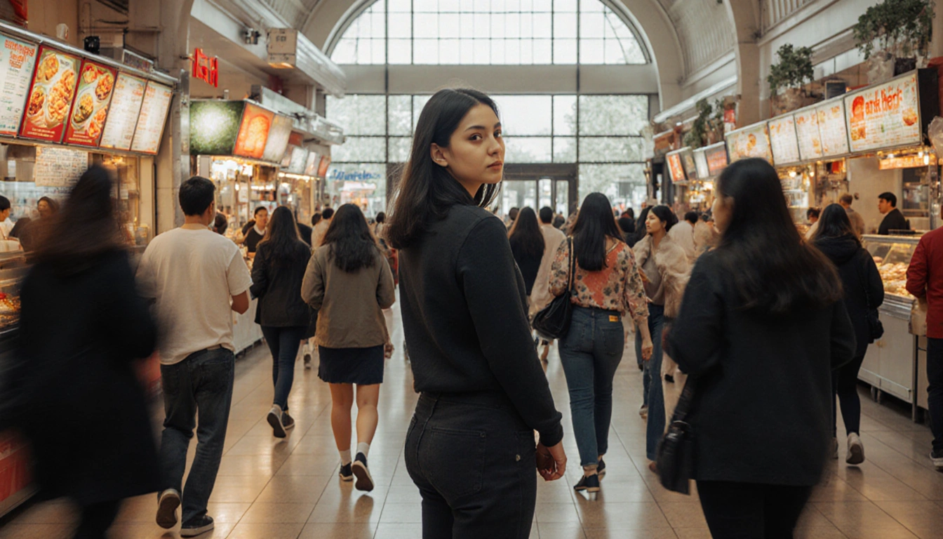 Woman standing alone in food court with window reflecting crowd and a whisper behind her.
