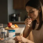 Woman taking a pill with Ozempic bottles and a glass of water near fresh fruit on a softly lit kitchen counter
