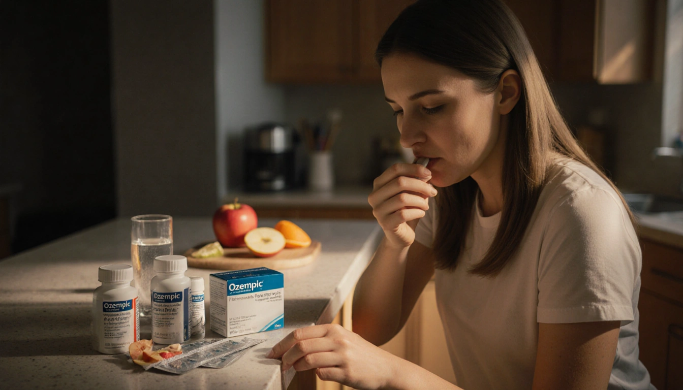 Woman taking a pill with Ozempic bottles and a glass of water near fresh fruit on a softly lit kitchen counter