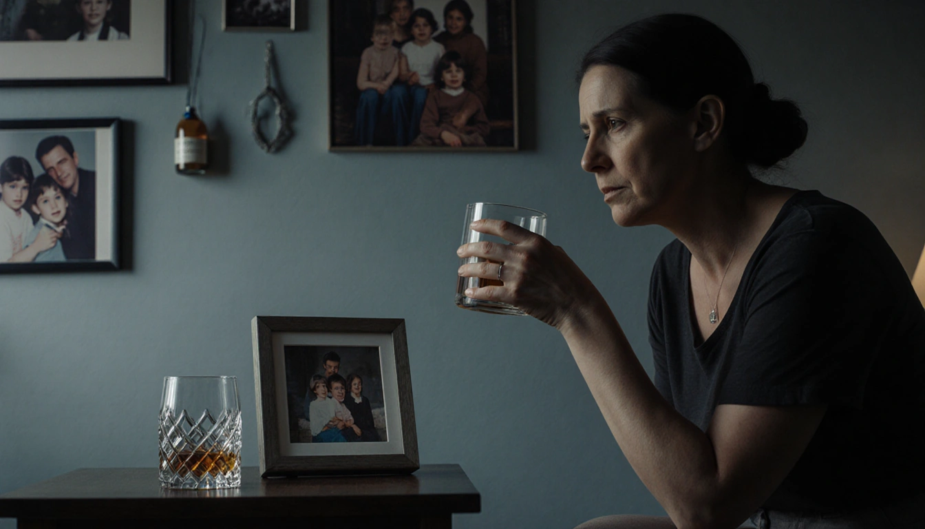 Regretful woman holding a whiskey glass with a family photo on the table and two empty glasses behind her