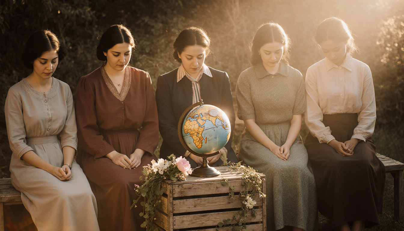 Women seated on wooden bench with bowed heads and faces and vintage globe and vines for empowerment