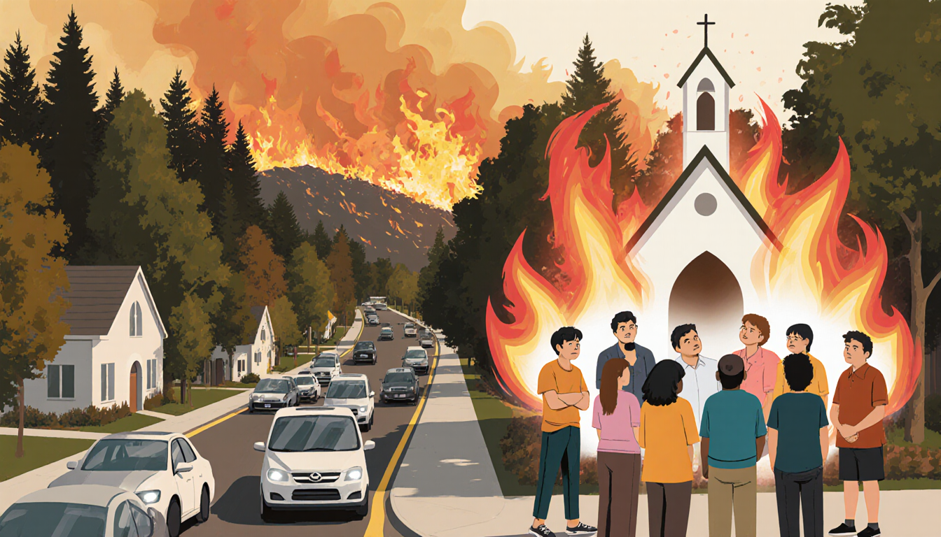 Residents gathering at a church community meeting with abstract flames swirling over the roof amid dense foliage and wildfire