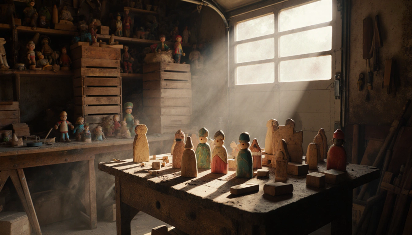 Workbench displaying hand-carved wooden blocks and painted figures with soft natural light from the garage door.