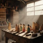 Workbench displaying hand-carved wooden blocks and painted figures with soft natural light from the garage door.