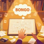 Hand hovering over Wordle board with puzzle books scattered and golden light illuminating the room