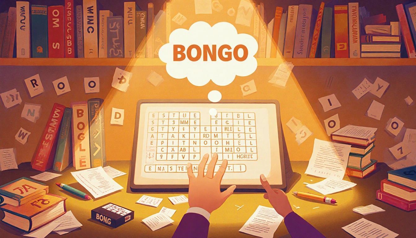 Hand hovering over Wordle board with puzzle books scattered and golden light illuminating the room