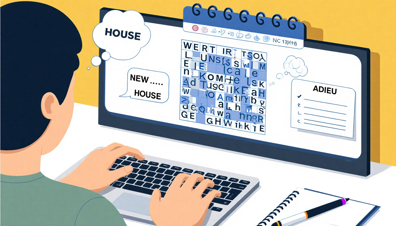 Person typing on keyboard with Wordle puzzle showing word HOUSE and calendar in background and notes for strategy
