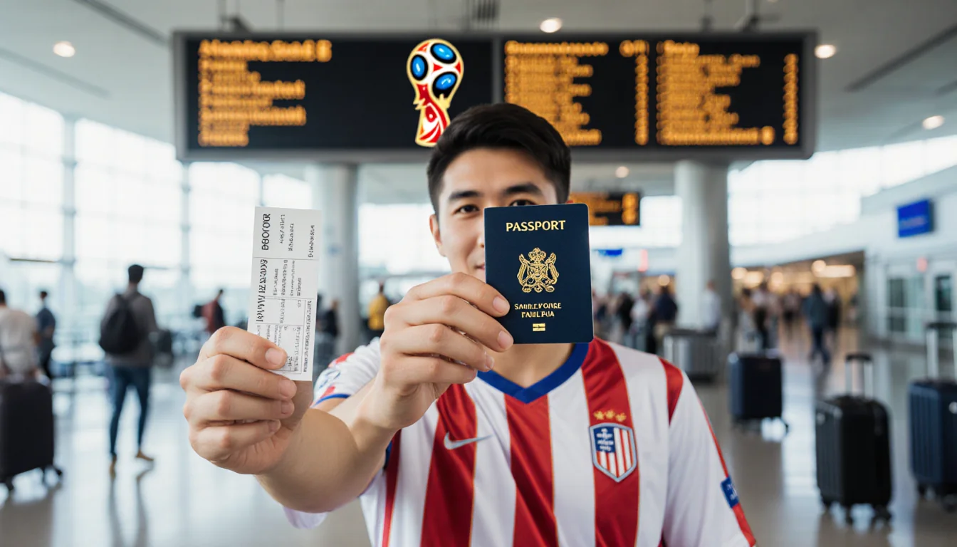 Excited fan holding passport and ticket stub in front of airport departure board with national team jersey and world cup logo