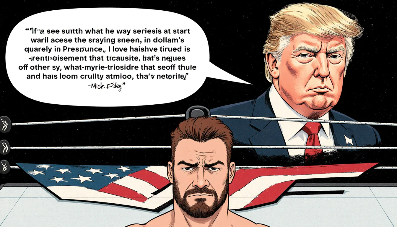 Mick Foley standing in WWE ring with a somber face and a quote bubble about Trump over the logo faint Trump hairstyle behind