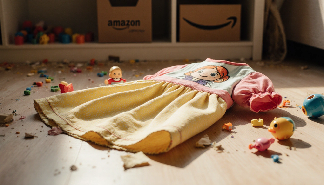 Discarded dress lying on floor with scattered toys and warm natural light