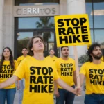 Protesters holding yellow signs with black lettering Stop Rate Hike near blurred Cerritos City Hall building