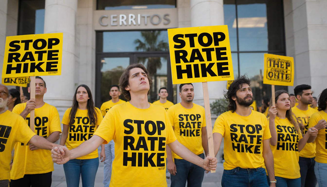 Protesters holding yellow signs with black lettering Stop Rate Hike near blurred Cerritos City Hall building