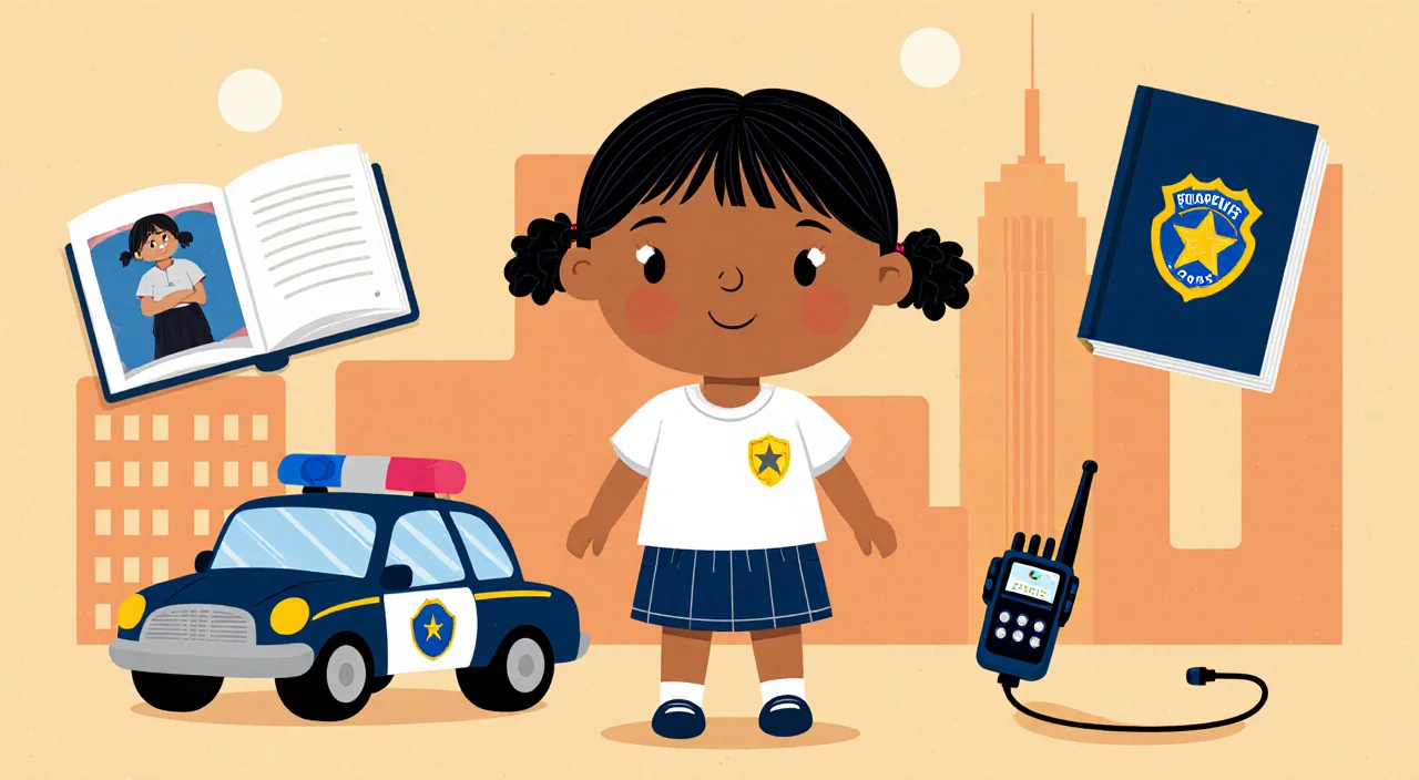 Young girl standing beside a toy police car with a determined look and a toy walkie‑talkie and city skyline in background.