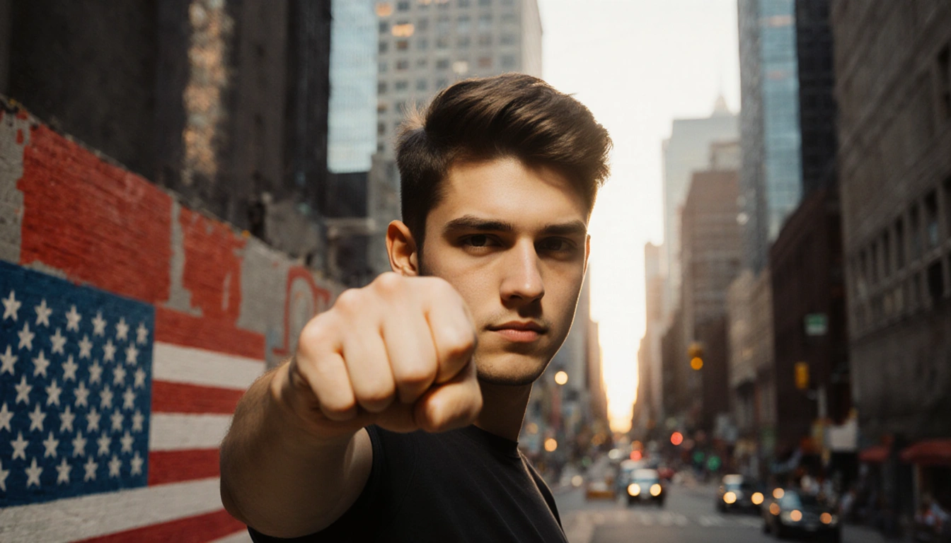 Young man standing with clenched fist looking at camera with bold cityscape of political change and subtle election flag patt