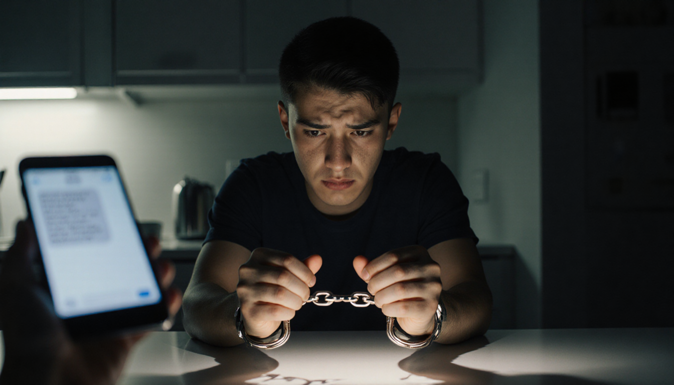 Young man staring at his handcuffed hands with a worried look and a blurred phone screen in the background