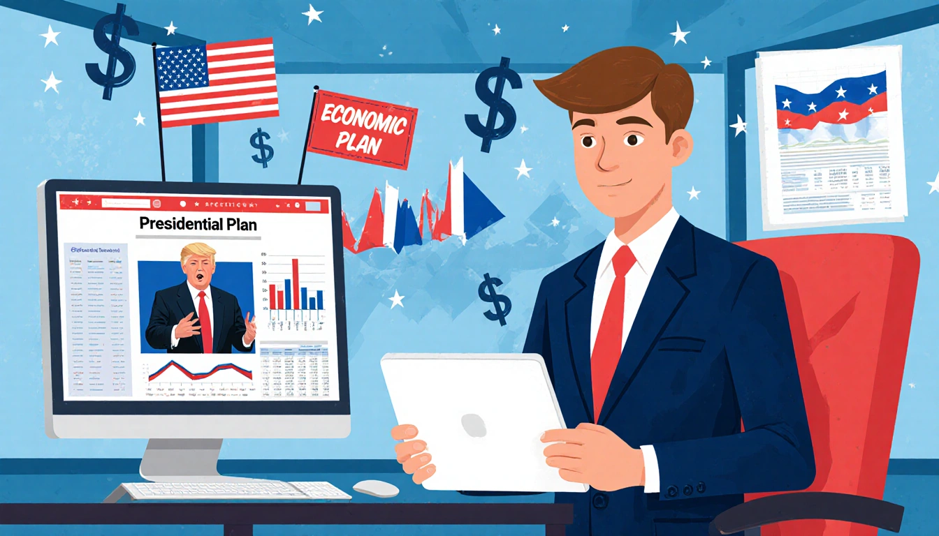 Young man holding tablet showing economic plan with Trump branding and financial charts in background