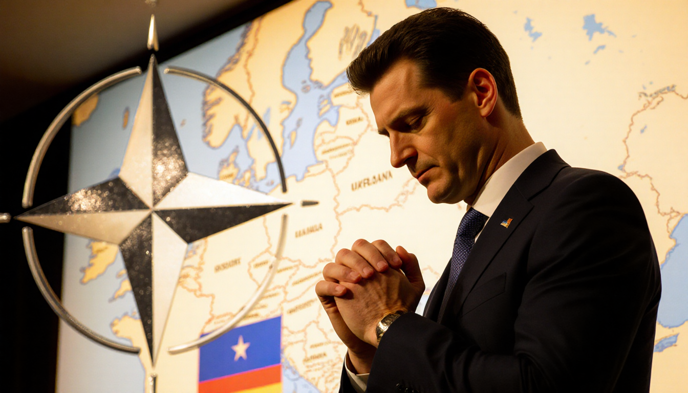 Zelenskyy stands confidently before a Europe map with a German flag in background and faint NATO stars foreground