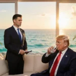 Zelenskyy holds a notebook while Trump sips water on a white couch in a beach villa with ocean and sunset.