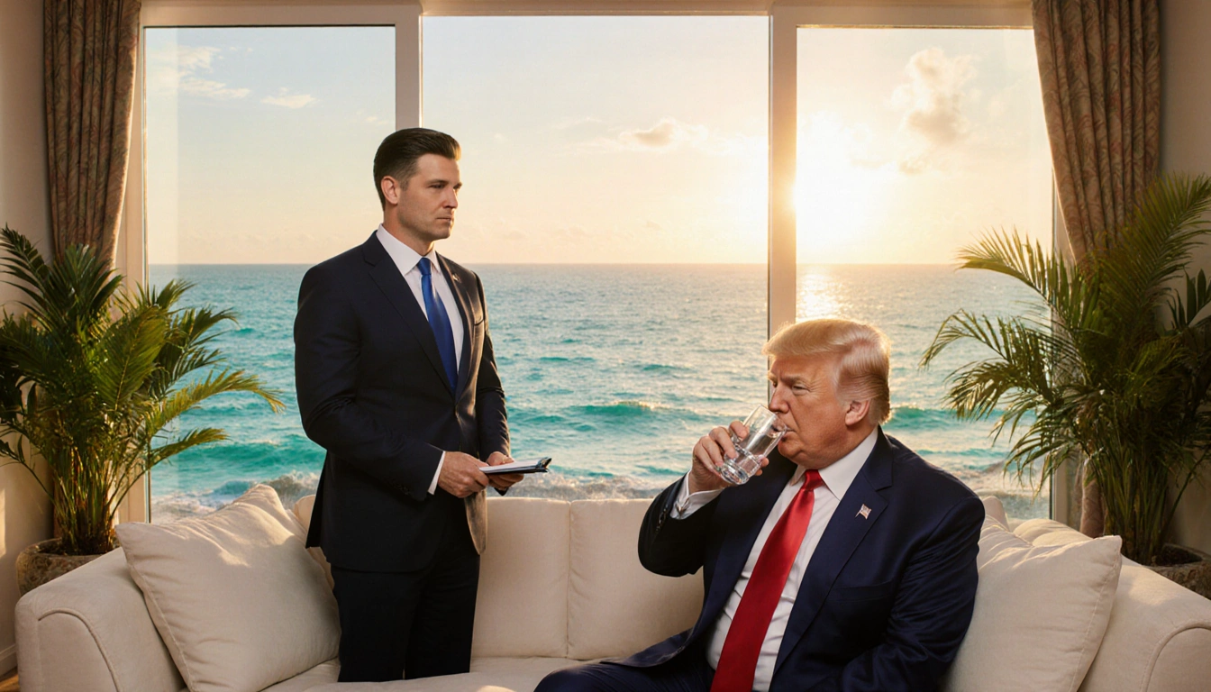 Zelenskyy holds a notebook while Trump sips water on a white couch in a beach villa with ocean and sunset.
